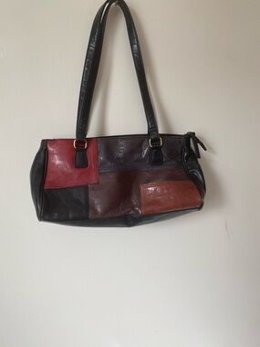 Patchwork Leather Shoulder Bag in Black, Brown & Red